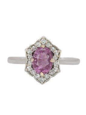 0.86Ct Oval Pink Sapphire Ring with Natural Diamond Halo in Solid 14K White Gold